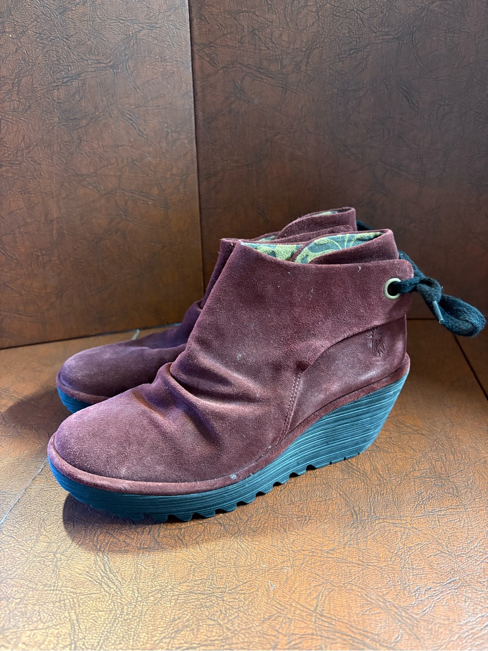 Fly London Burgundy Suede Wedge Ankle Booties